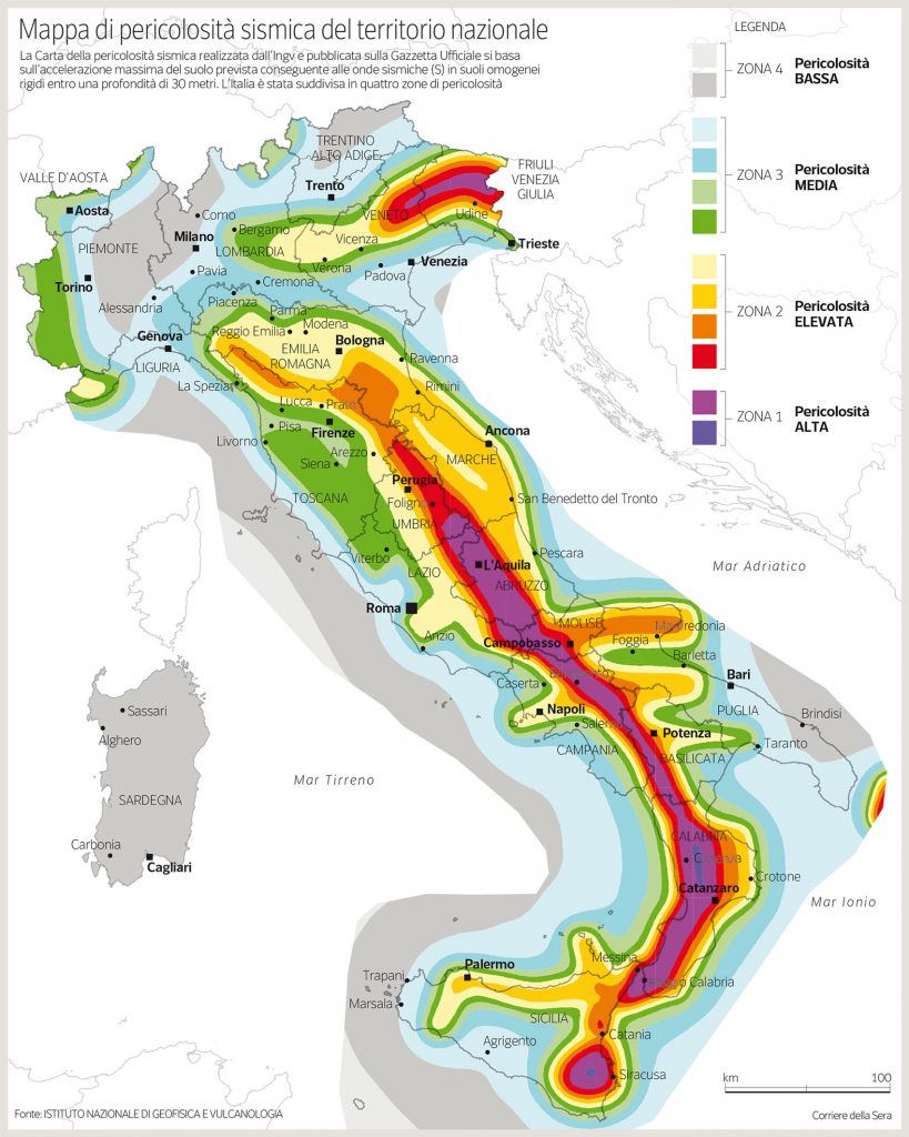 Mappa delle zone sismiche in Italia con relative suddivisioni