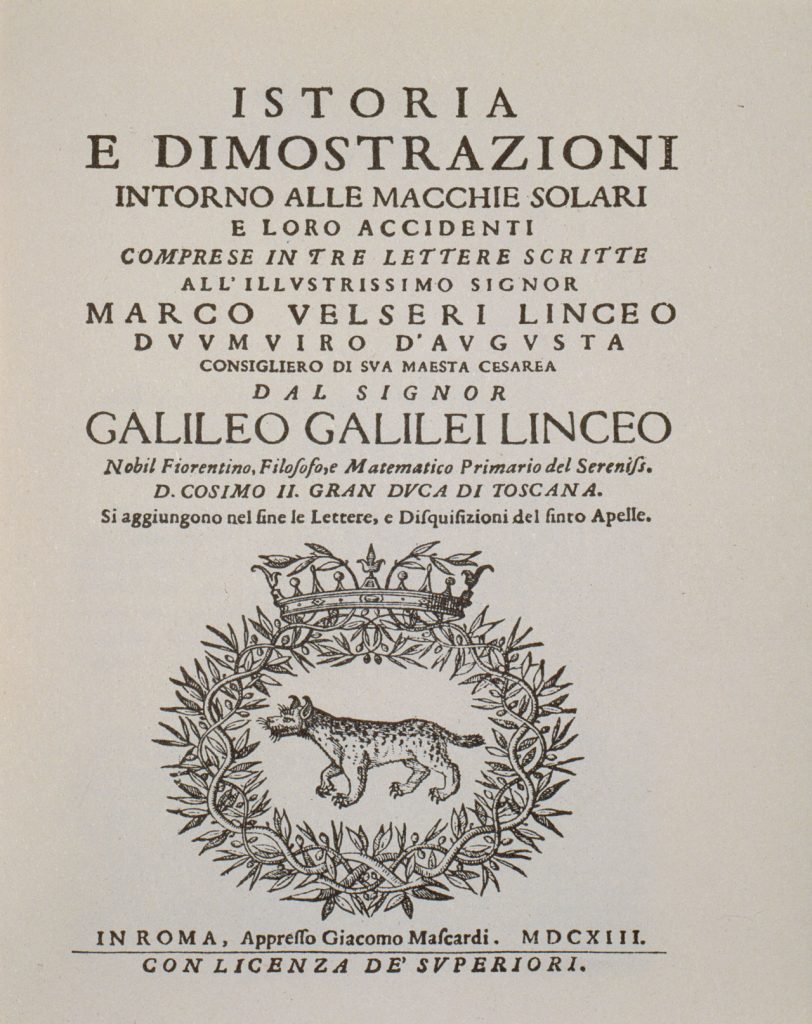 edizione lincea di Istoria e dimostrazioni intorno alle macchie solari di Galileo Galilei